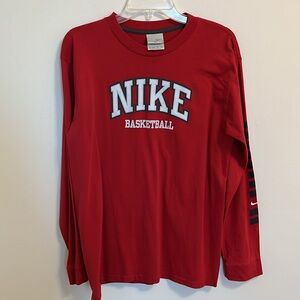 Nike basketball swoosh tee shirt size XL 18-20 red long sleeve cotton Spellout